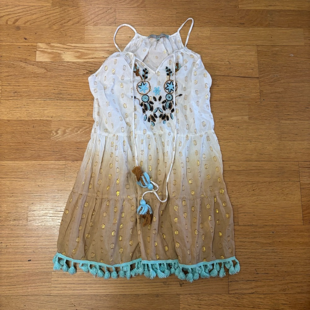 Kareena Embroidered Floral Tassel Boho Chic Coastal Cowgirl Polka Dot Tunic L